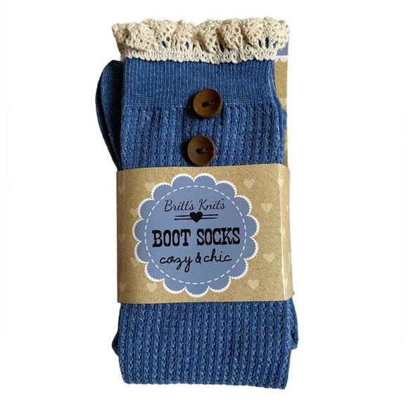 NEW Britt's Knits Boot Socks Frilled Blue Two Buttons Cuff Lace One Size - Picture 1 of 6